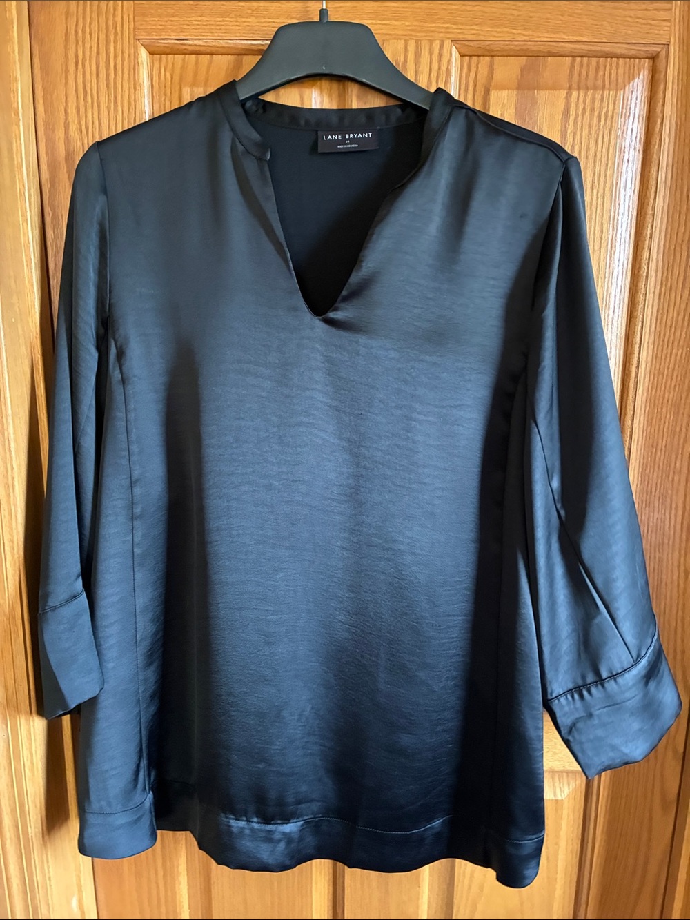 Lane Bryant Black Satin like V-Neck Blouse